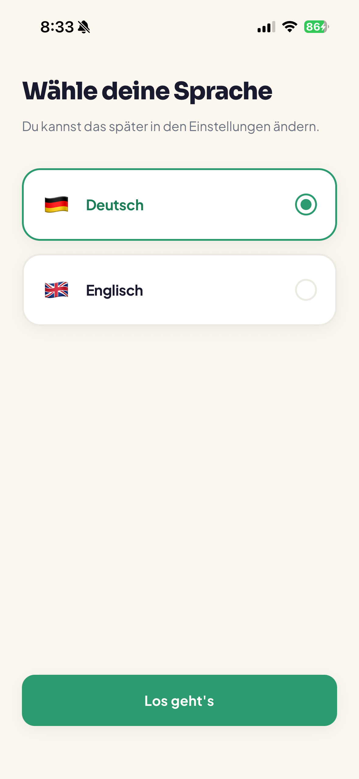 Pfandly onboarding screen showing language selection with Deutsch and Englisch options