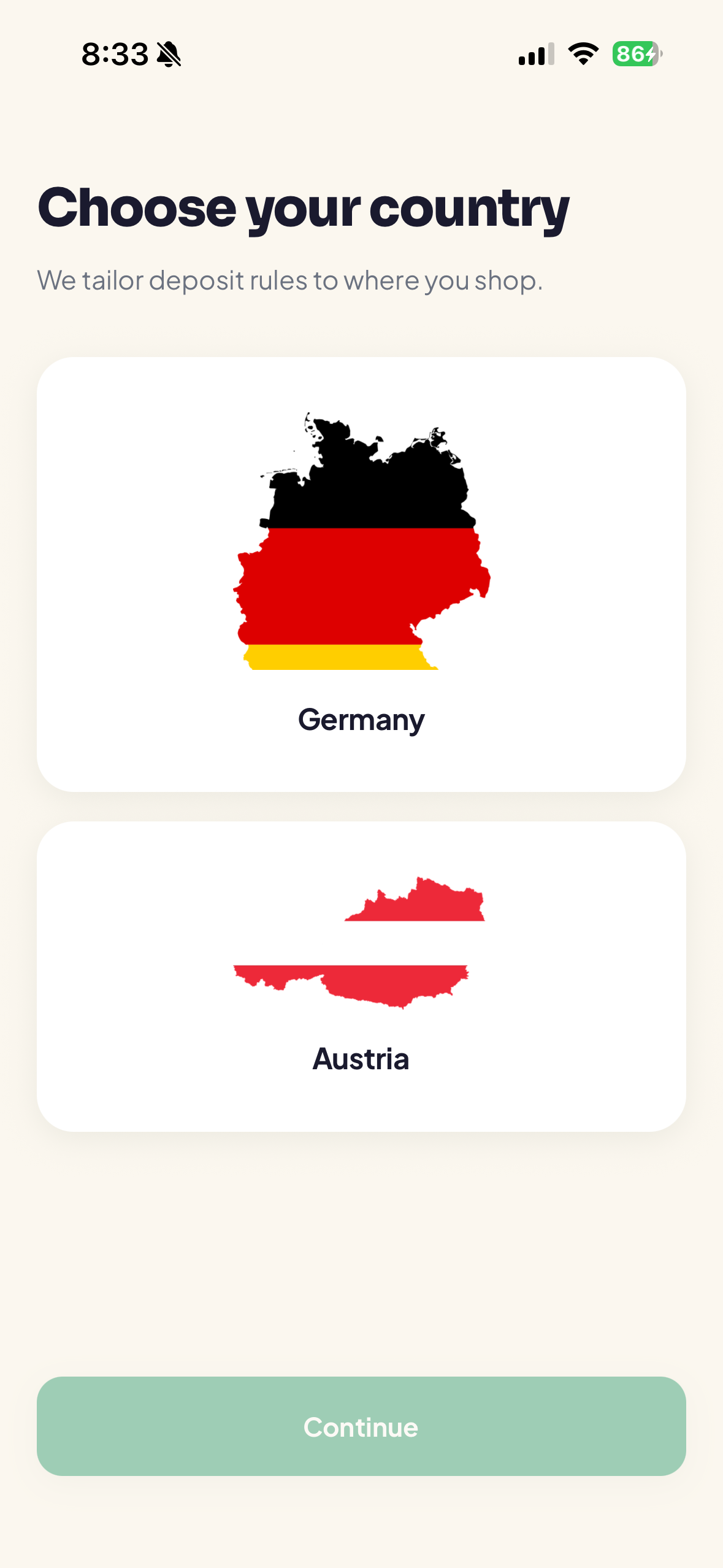 Pfandly onboarding screen showing country selection with Germany and Austria options