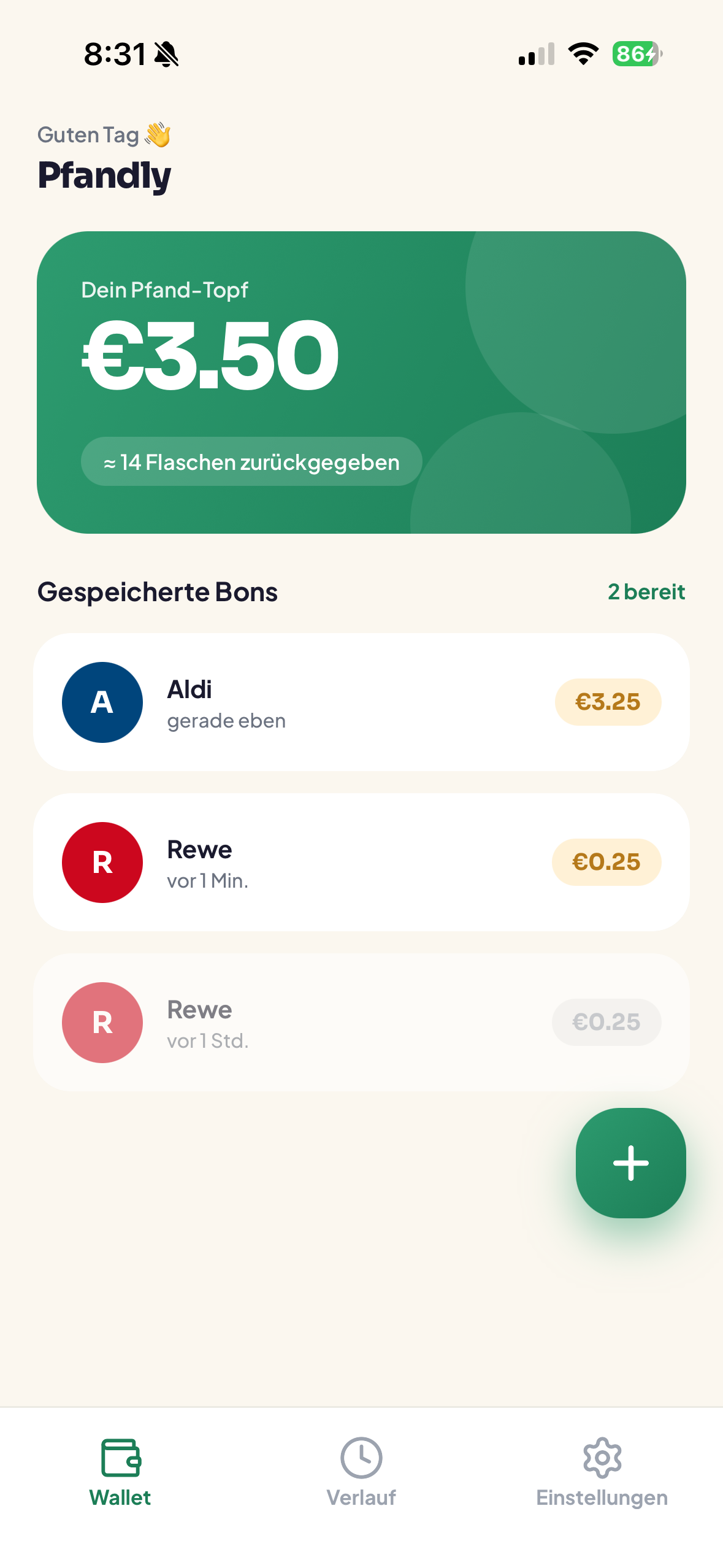 Pfandly wallet home screen showing the green Pfand pot total and a list of saved bons