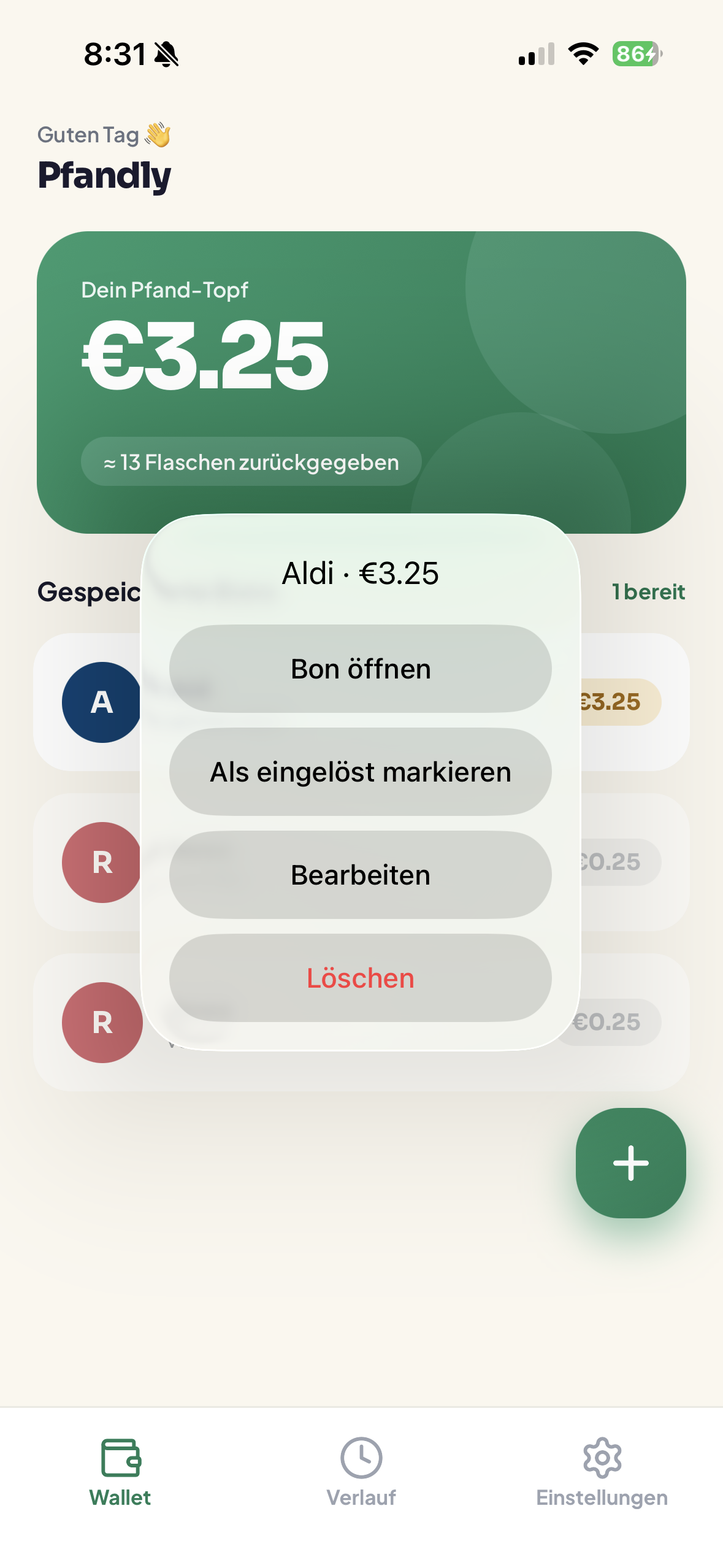 Pfandly wallet quick actions menu appearing after long-pressing a bon, showing Open bon, Mark as used, Edit, and Delete options