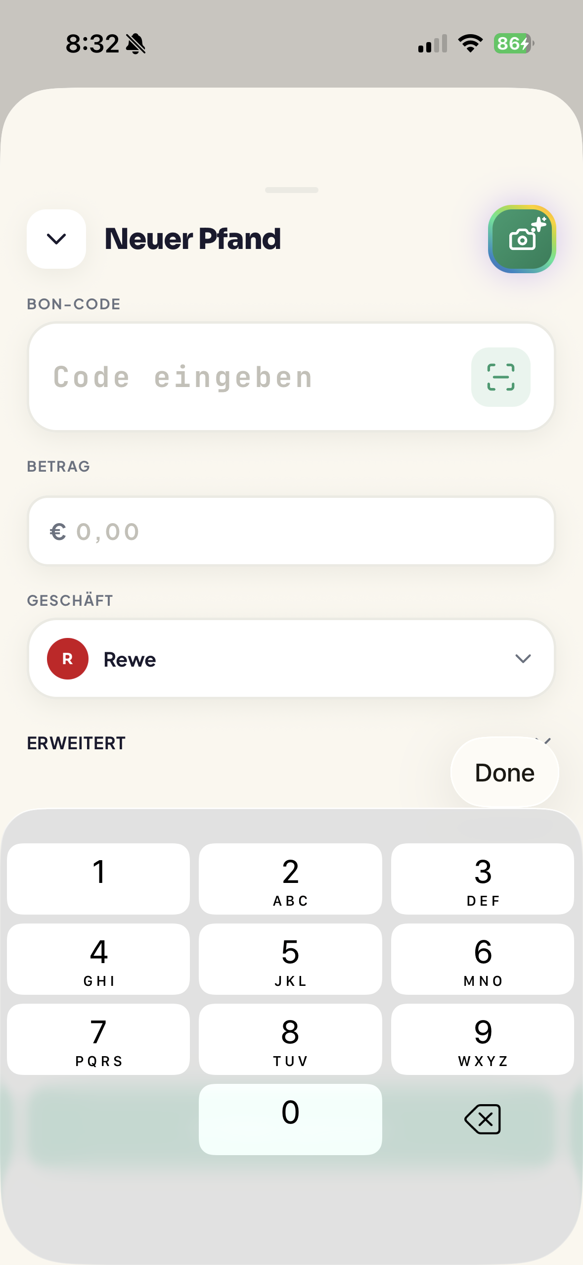 Pfandly New Pfand form with fields for bon code, amount, and store selection