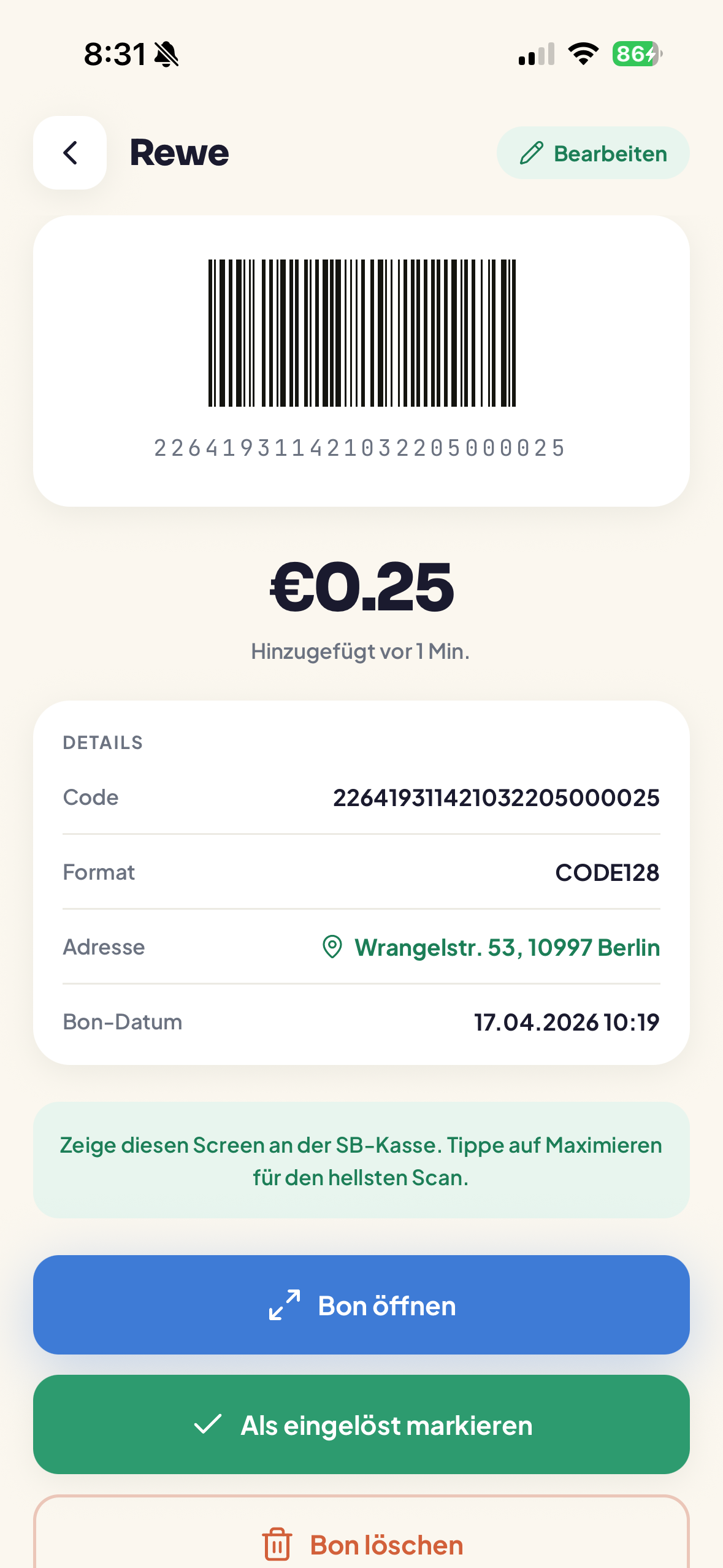 Pfandly bon detail screen showing the barcode, amount, date added, and a details card with code, format, address, and item count