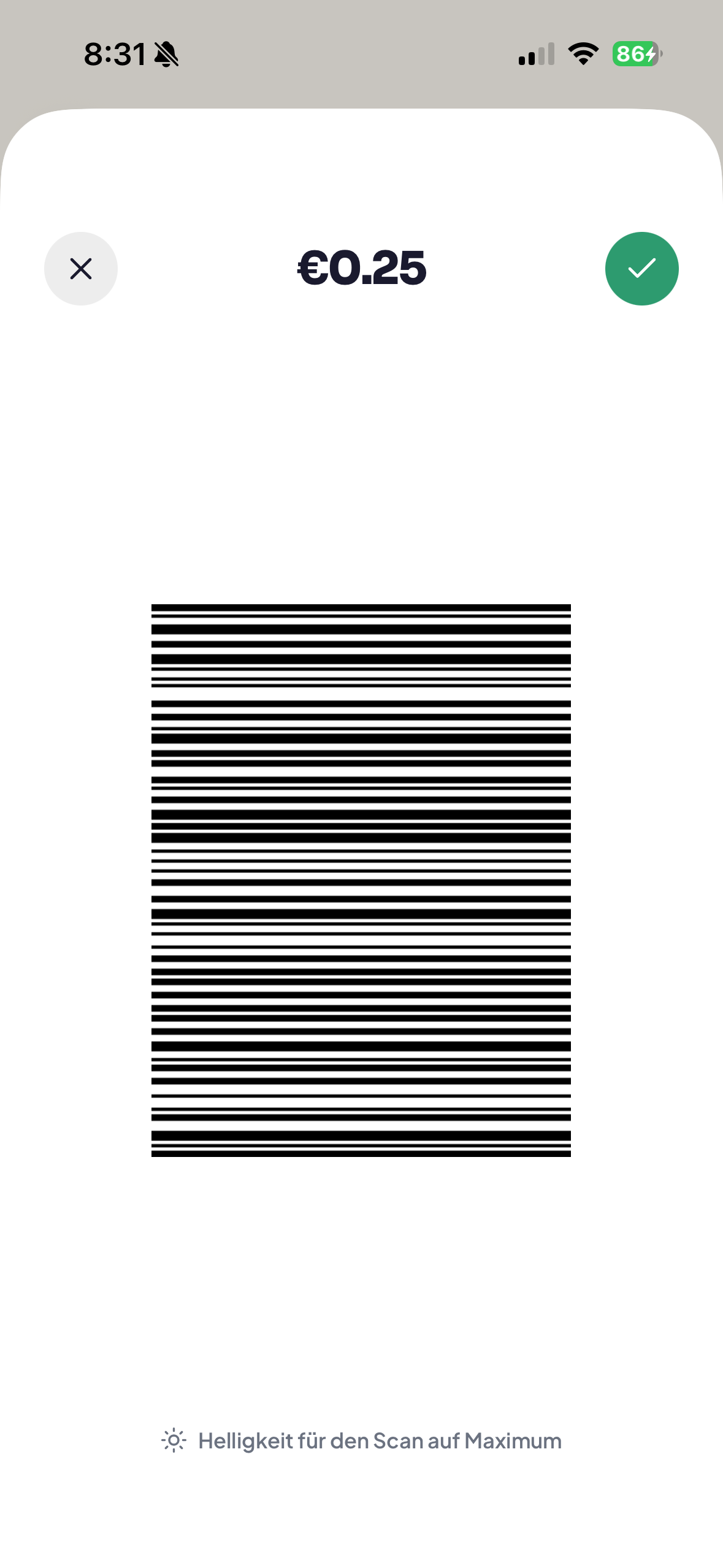 Pfandly full-screen barcode redemption screen shown in landscape orientation at maximum brightness