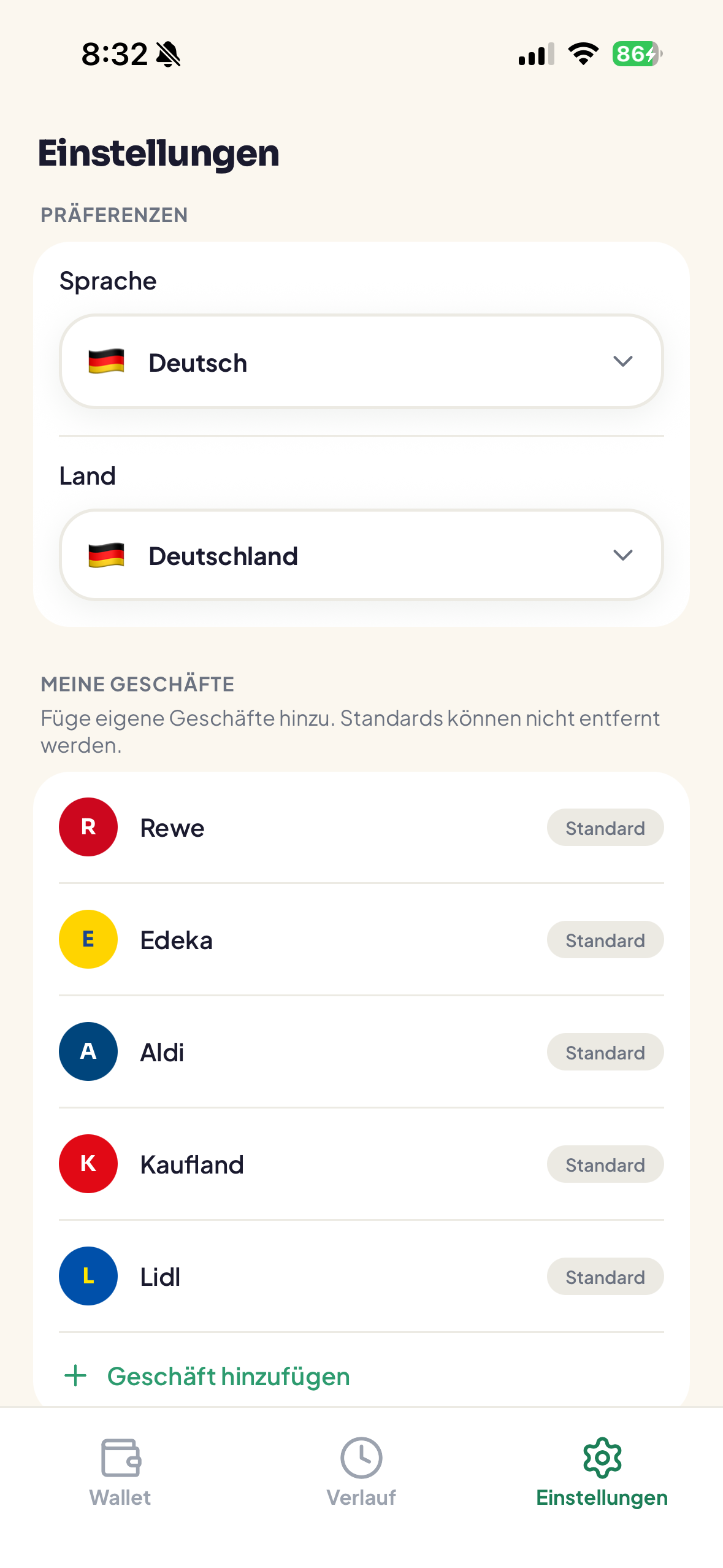 Pfandly settings screen showing language and country selectors and the My stores list with default chains