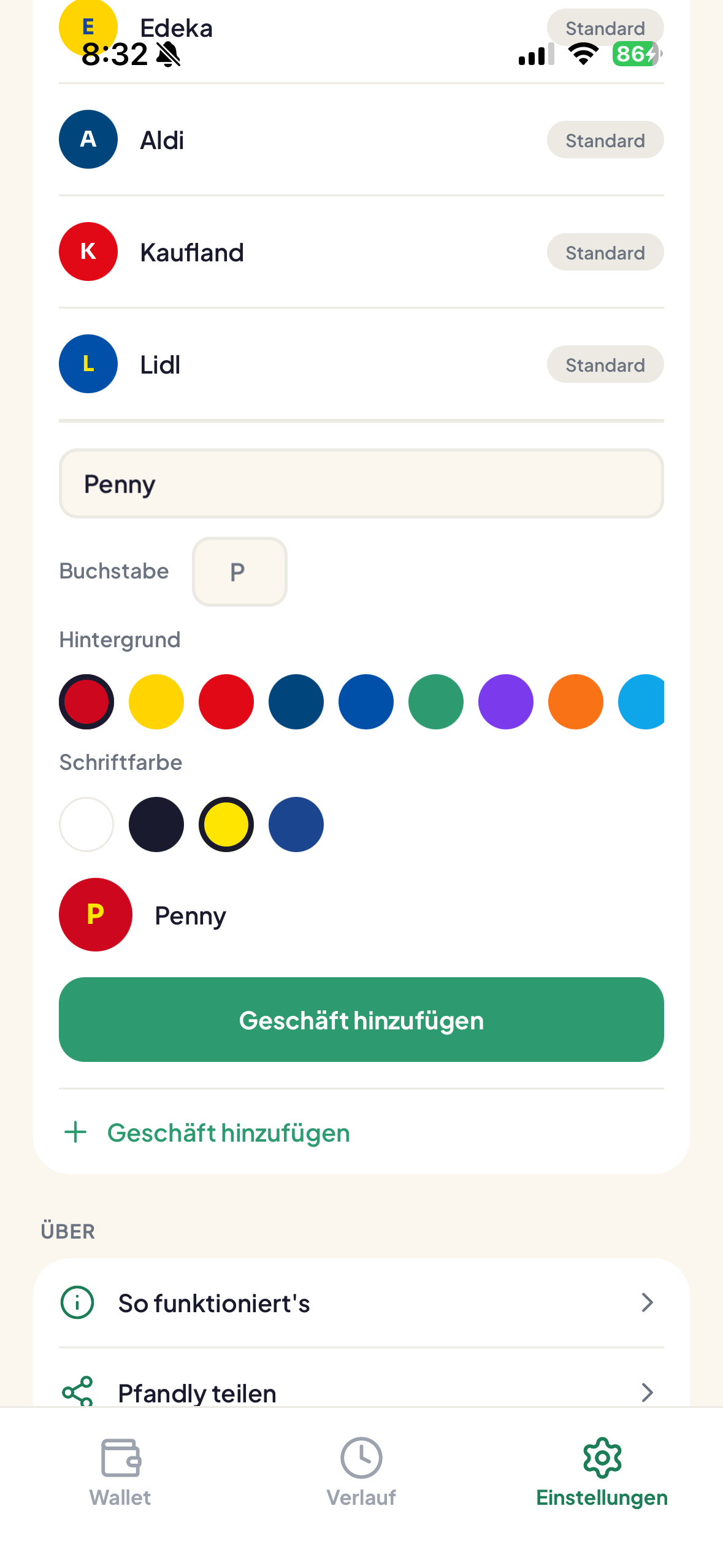 Pfandly add a store screen with fields for name, letter, background color, and letter color, plus a live preview