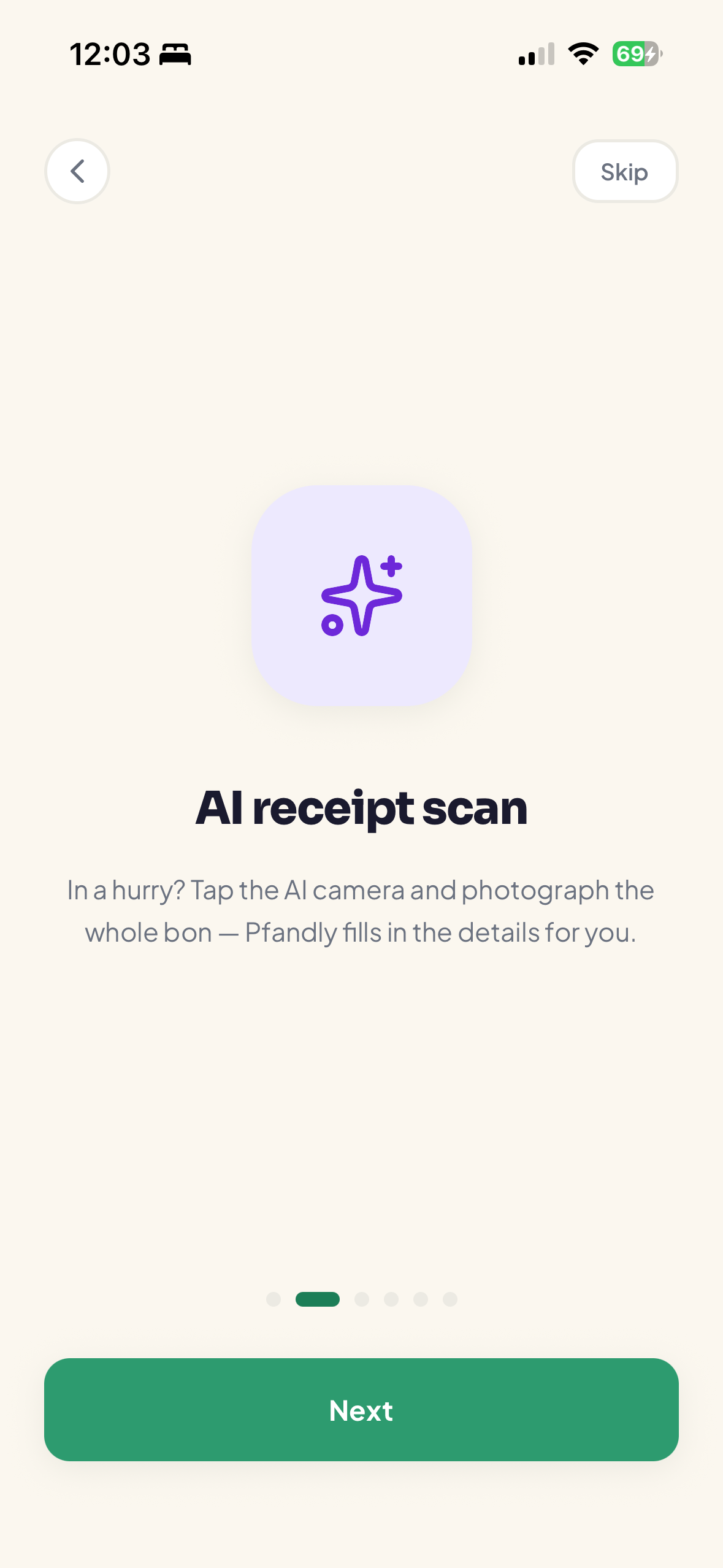 Pfandly onboarding feature tour slide highlighting the AI receipt scan capability