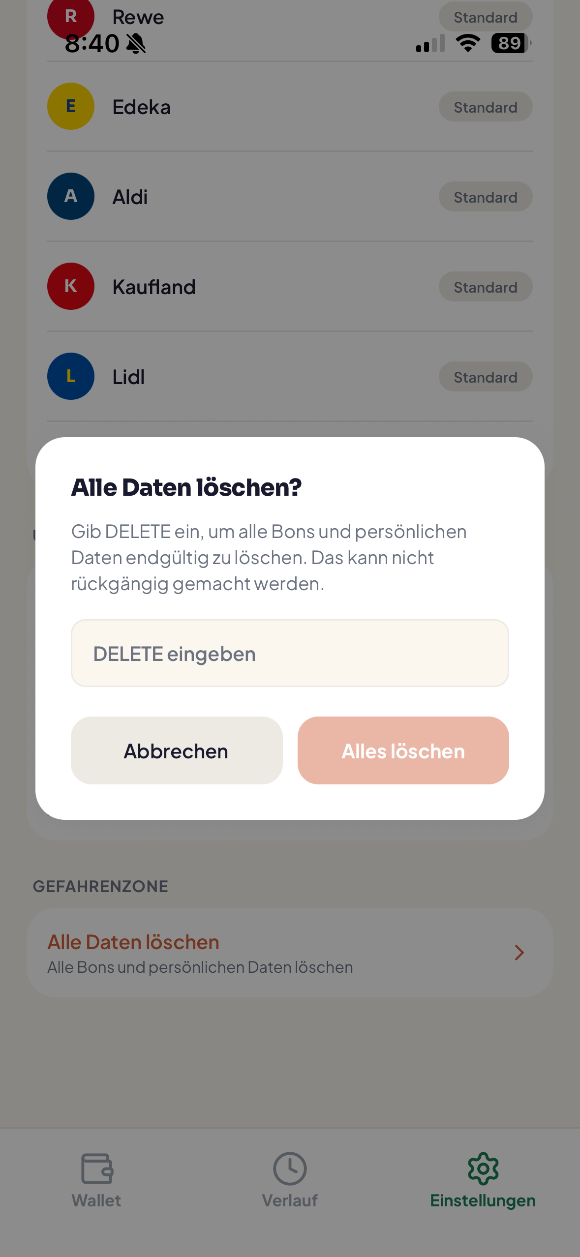 Pfandly clear all data confirmation dialog with a text field requiring the user to type DELETE to confirm permanent deletion