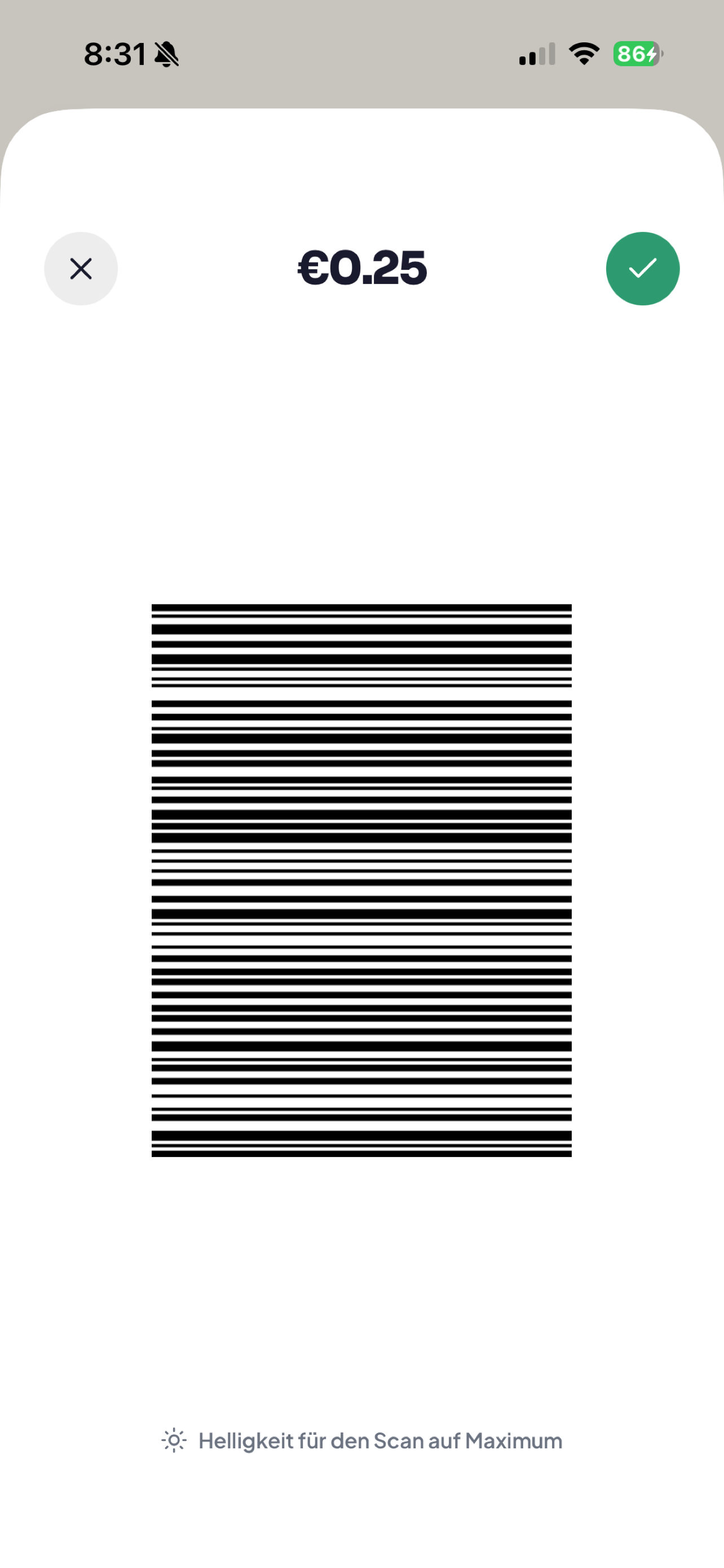 Pfandly redemption screen showing barcode to scan at self-checkout